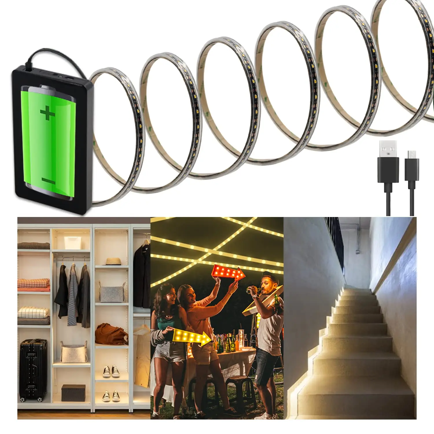9.8Ft IP65 4000K Waterproof Flexible LED Strip Light with 5000mAh Rechargeable Power Bank for Outdoor Camping Party