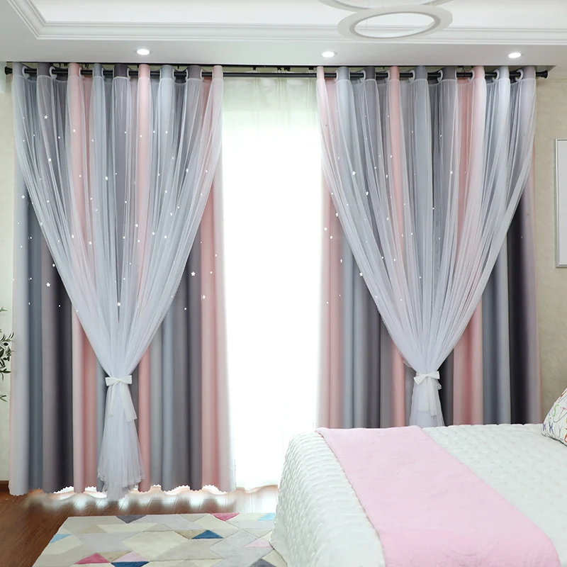 Hot Sale Korean Style Girl Room Double Layer Blackout Curtain with Sheer Princess Curtains for Bedroom