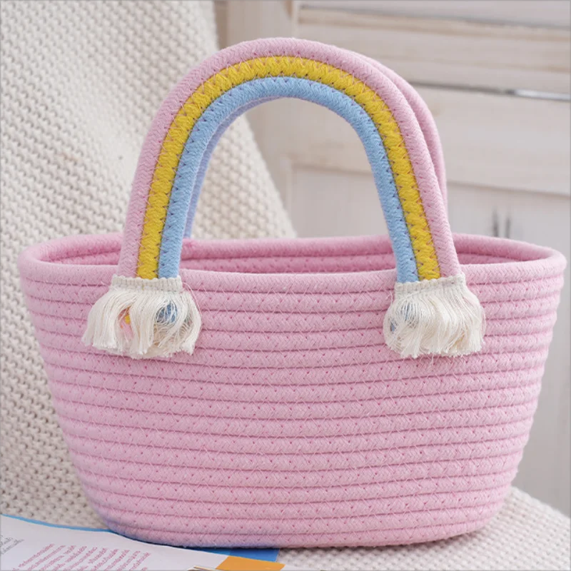 Woven Cotton Rope Basket Cotton Rope Handbag with Rainbow Handles Mini Tote Handbags Handmade Beach Bags