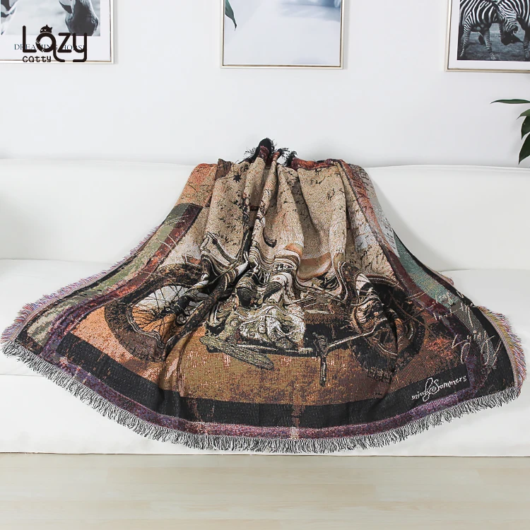 High quality motorcycle pattern yarn dye jacquard woven blanket custom for home picnic