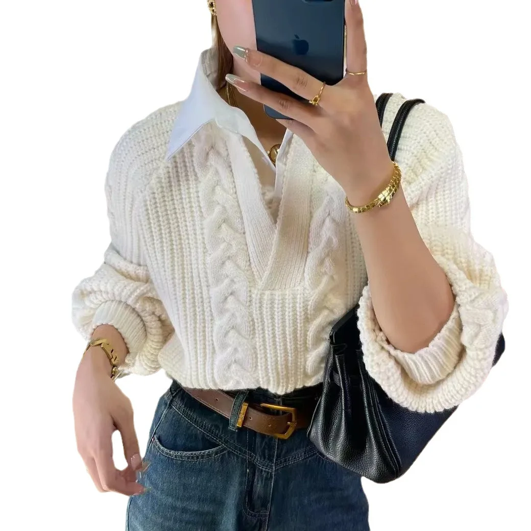 2023 Autumn false two-piece set turtleneck lantern sleeve free size solid color cable knit V-neckwomen sweater