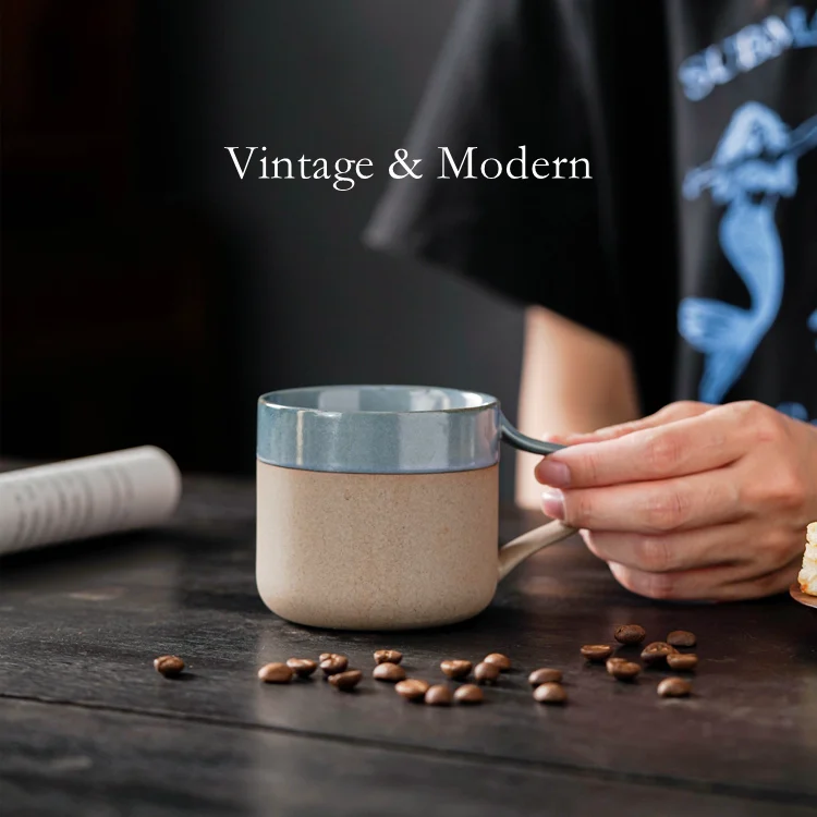 2023 New Custom Logo Unique Handle Vintage Ceramic Glazed Clay Mug for Tea Coffee