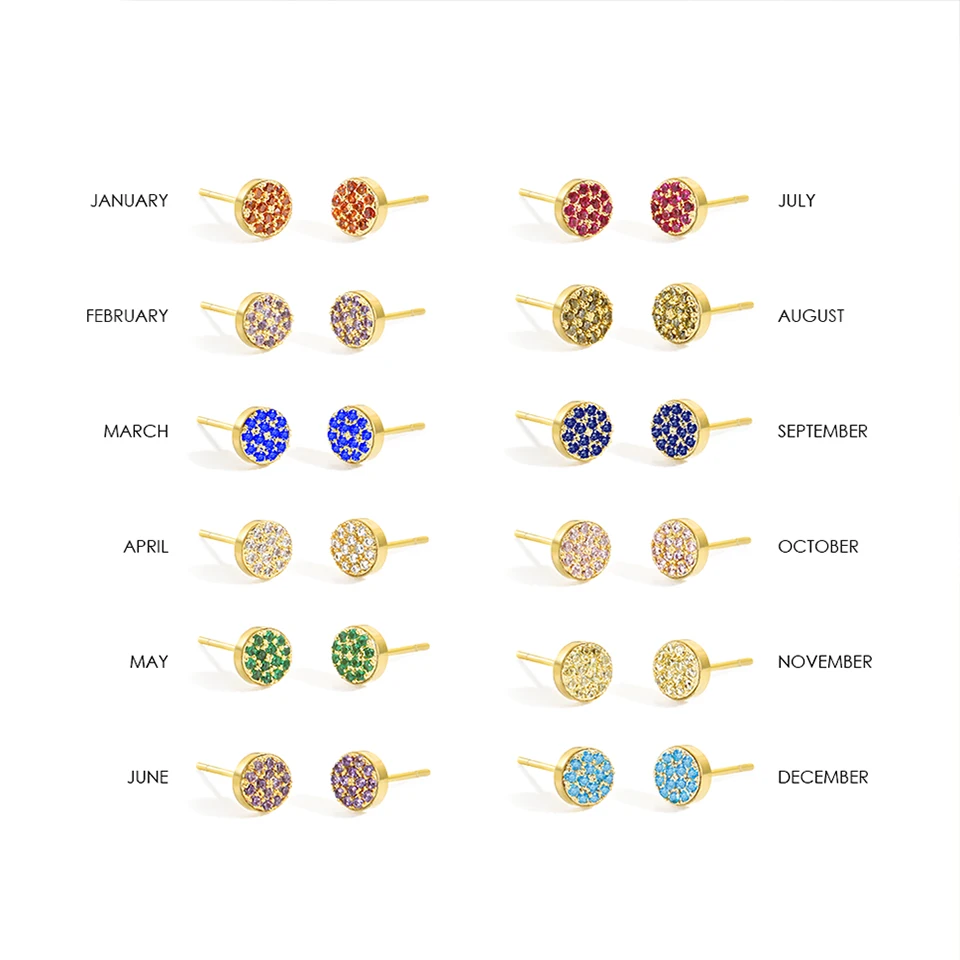 INS Stainless Steel 14K Gold PVD Plated 5MM CZ Stone Birthstone Disc Earrings Titanium Steel 12Months Zircon Plate Stud Earring