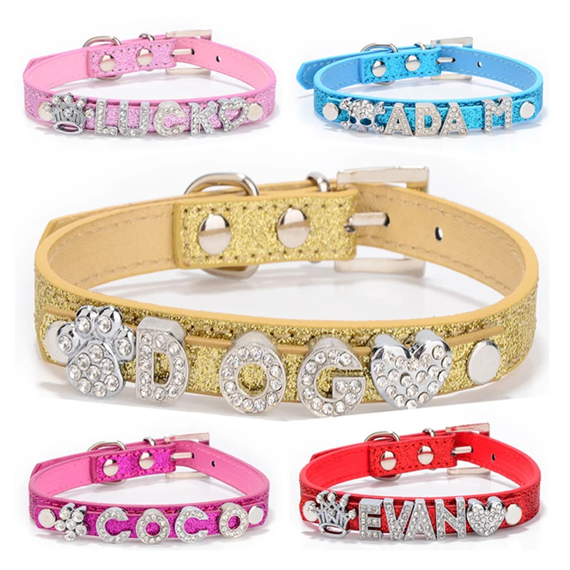 Adjustable PU Leather Dog Collar Bling Full Diamond DIY Name Letters Personalized Luxury Rhinestone Dog Collar for Small Dogs