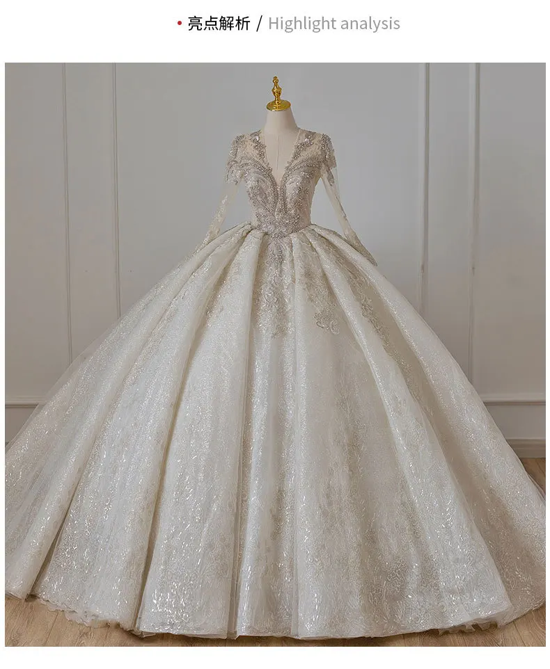 Heavy industry wedding dress spring bride V-neck senior sense big tail engagement banquet net red style long-sleeved dress