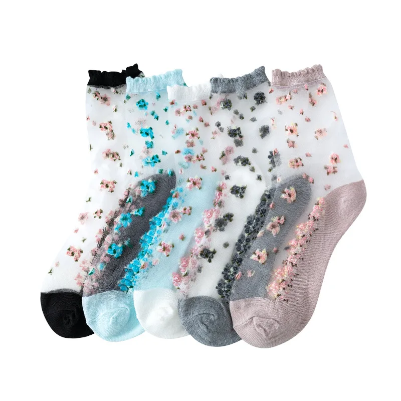 Summer Sexy Transparent Floral Fashion Women Cotton Bottom Thin Crystal Sheer Socks