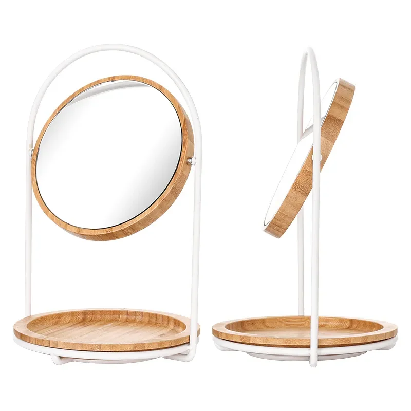 LED Double-side Table Desk Makeup Wooden Frame Mirror For Home Use With Wooden Base Free Stand Mirror Design Style Modern