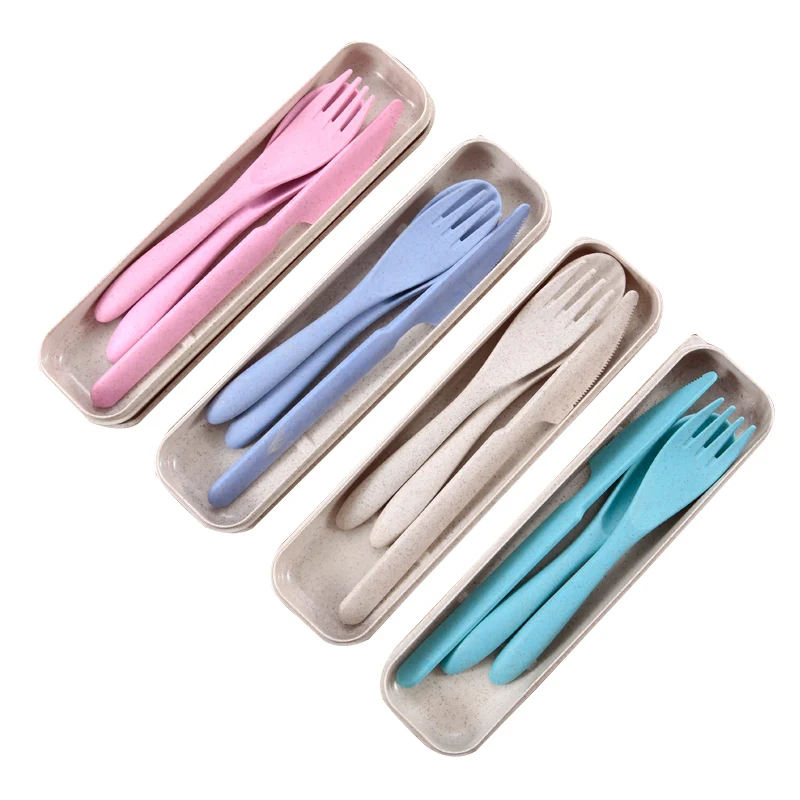 Biodegradable Wheat Straw Cutlery Set Spoon Fork Knife Set 3 In 1 For Travel Office School