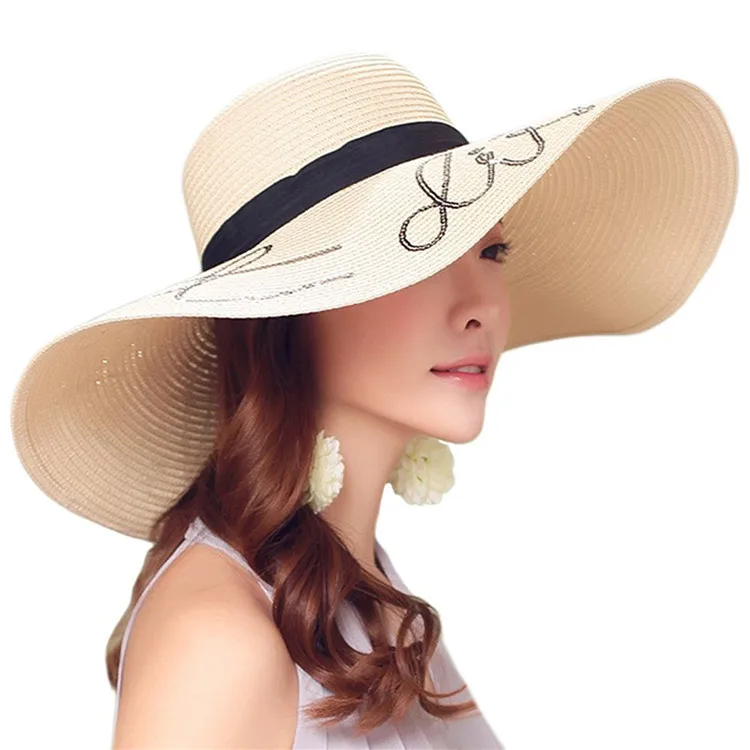 Fashion wholesale custom logo summer women floppy wide brim foldable big brim straw hats