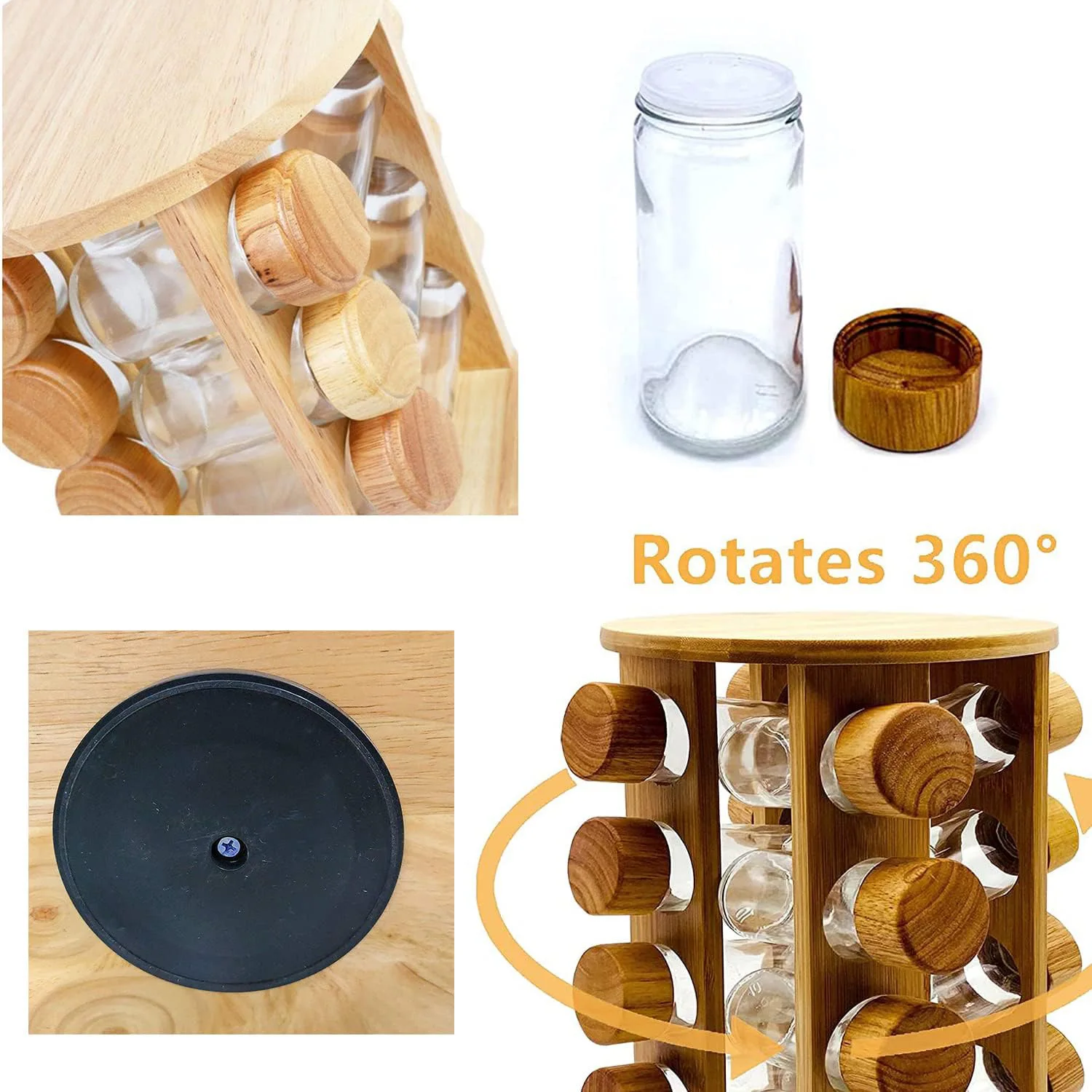 Spice Jar Rack Revolving Rotating Countertop Glass Canister Spice Container Wooden Spice Organizer