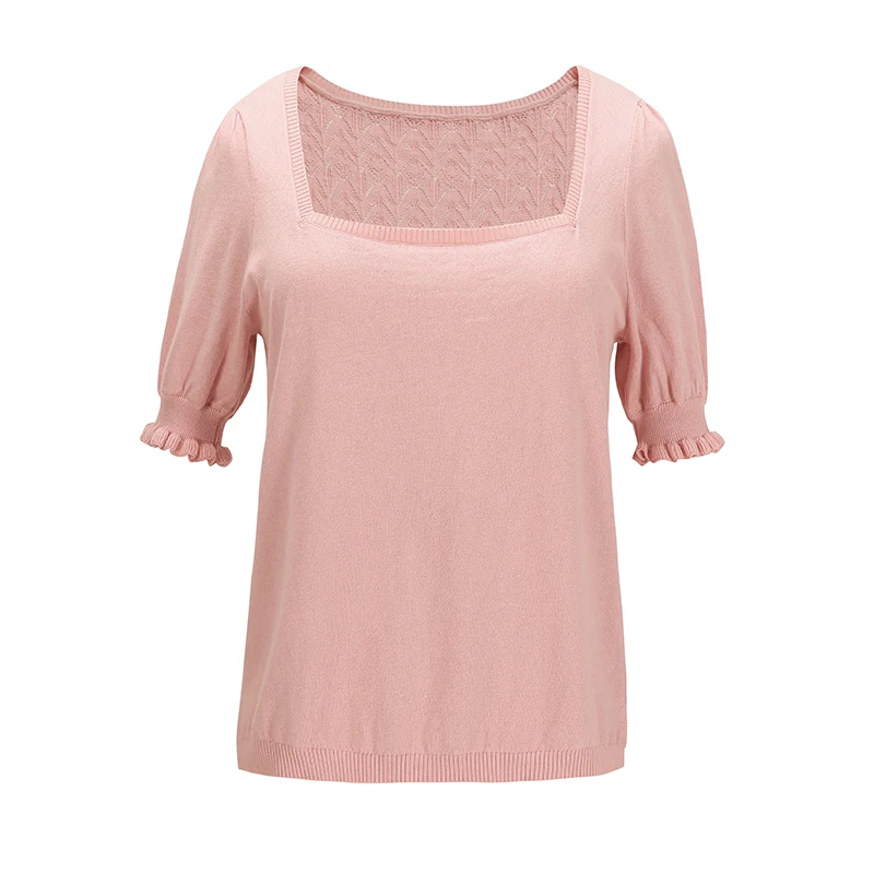 Square neck lantern sleeve T-shirt hollow out pink