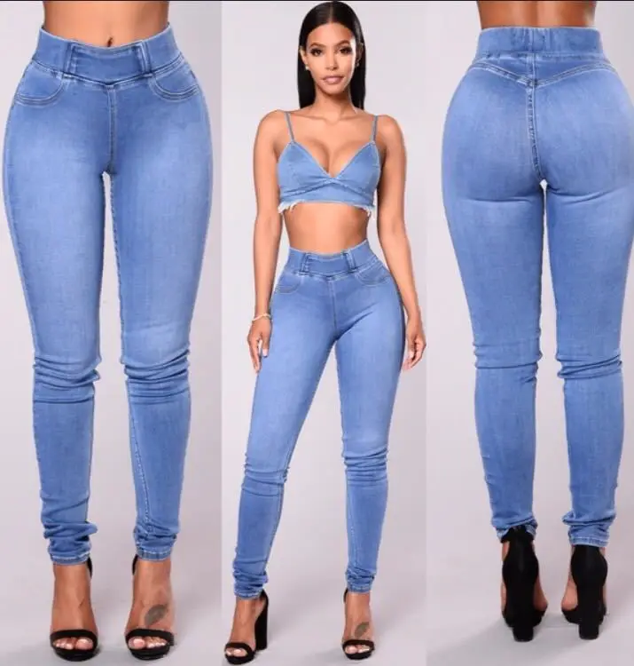 Fashion elasticity high waist denim jeans women skinny high quality pencil cotton denim jeans pants blue trousers