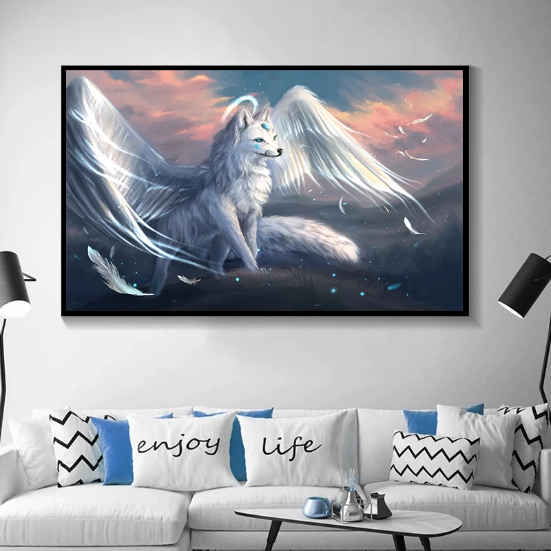 Abstract Animals White Snow Wolf with Wings Canvas Paintings Wall Art Posters and Prints Pictures for Living Room Decor No Frame