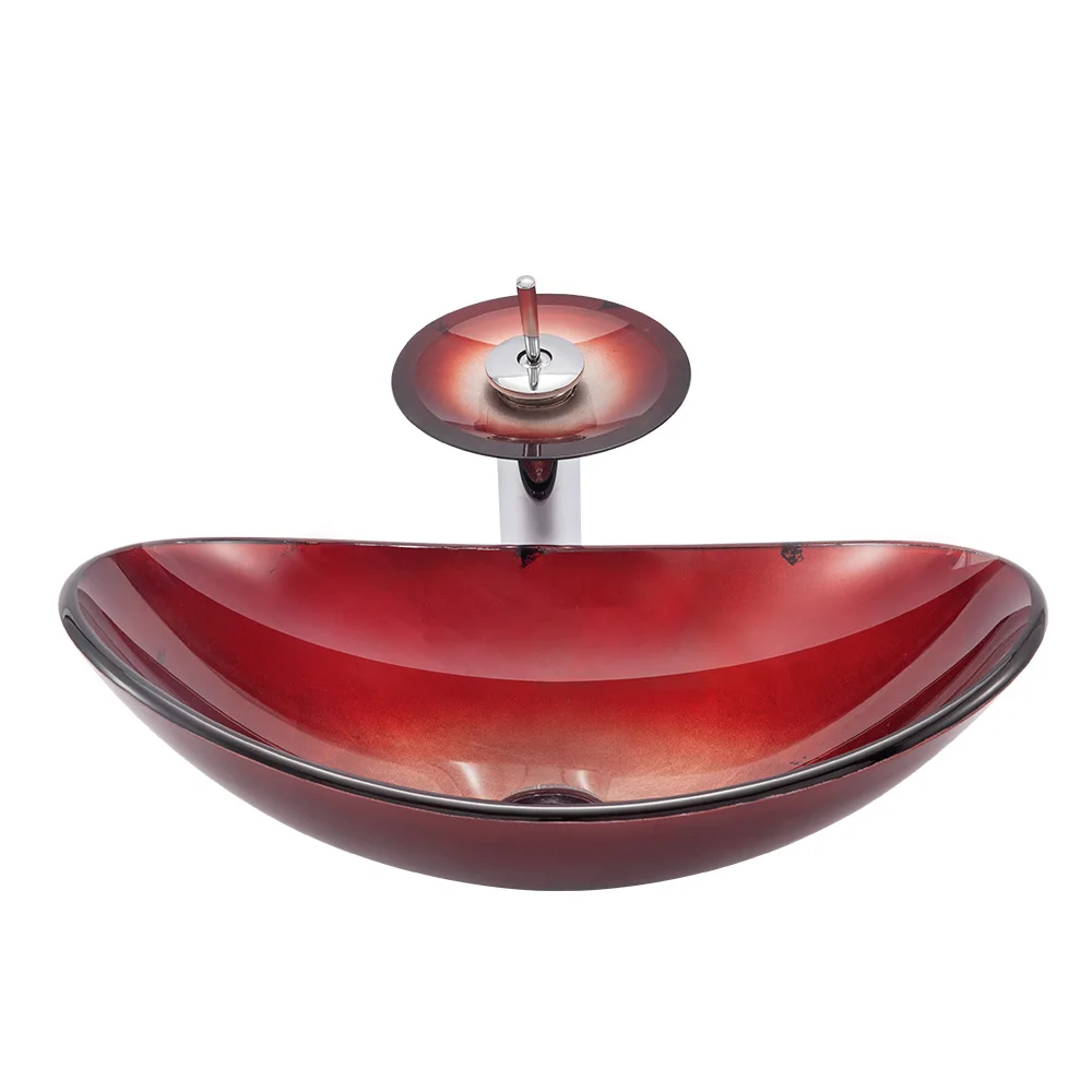 Foshan Supplier Cheap Sanitary Ware Glass Counter top Red Boat Oval Shape Washbasin