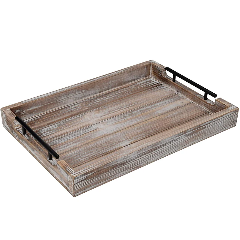 Home Decor Farmhouse Tray Coffee Table Tray Rustic Ottoman Decorative Wooden Serving Tray with Metal Handles