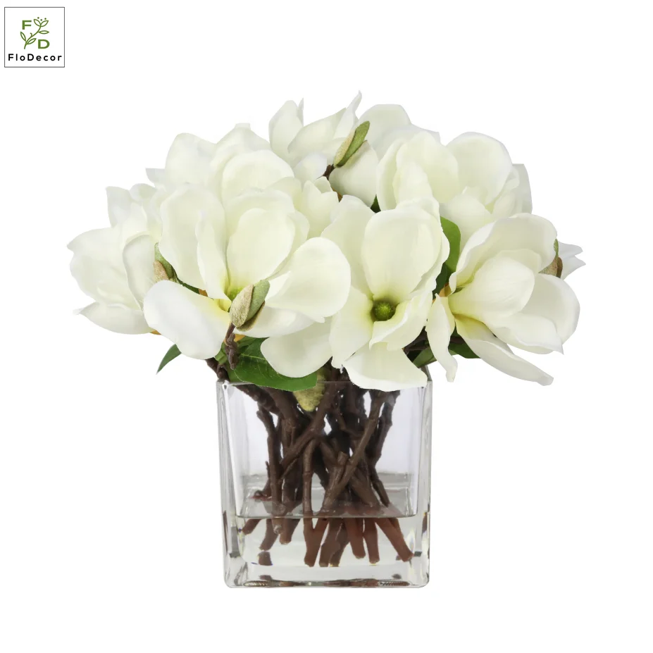 High Quality Customized Artificial Magnolia Flower Floral Arrangement With Square Vase and Water For Home Hotel Decoration