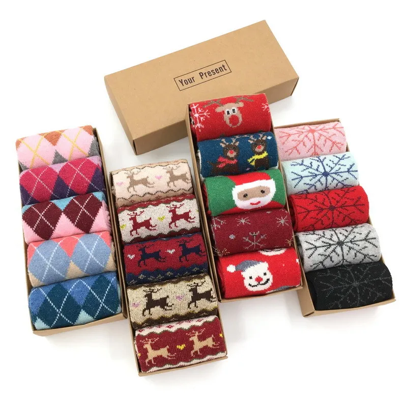 Wholesale 5 pair one box Christmas Socks Women Warm Xmas Thick Winter Wool Socks