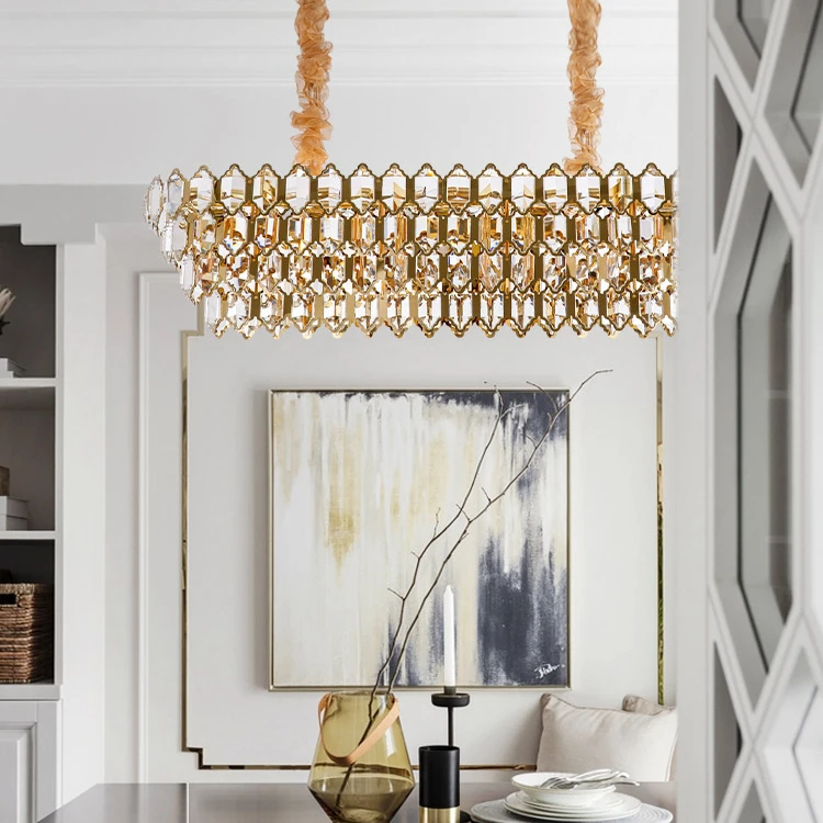 Post Modern Luxury Crystal Rectangle Chandelier Switch Control Hanging Lights for Living Room Dinning Hotel Lobby Restaurant