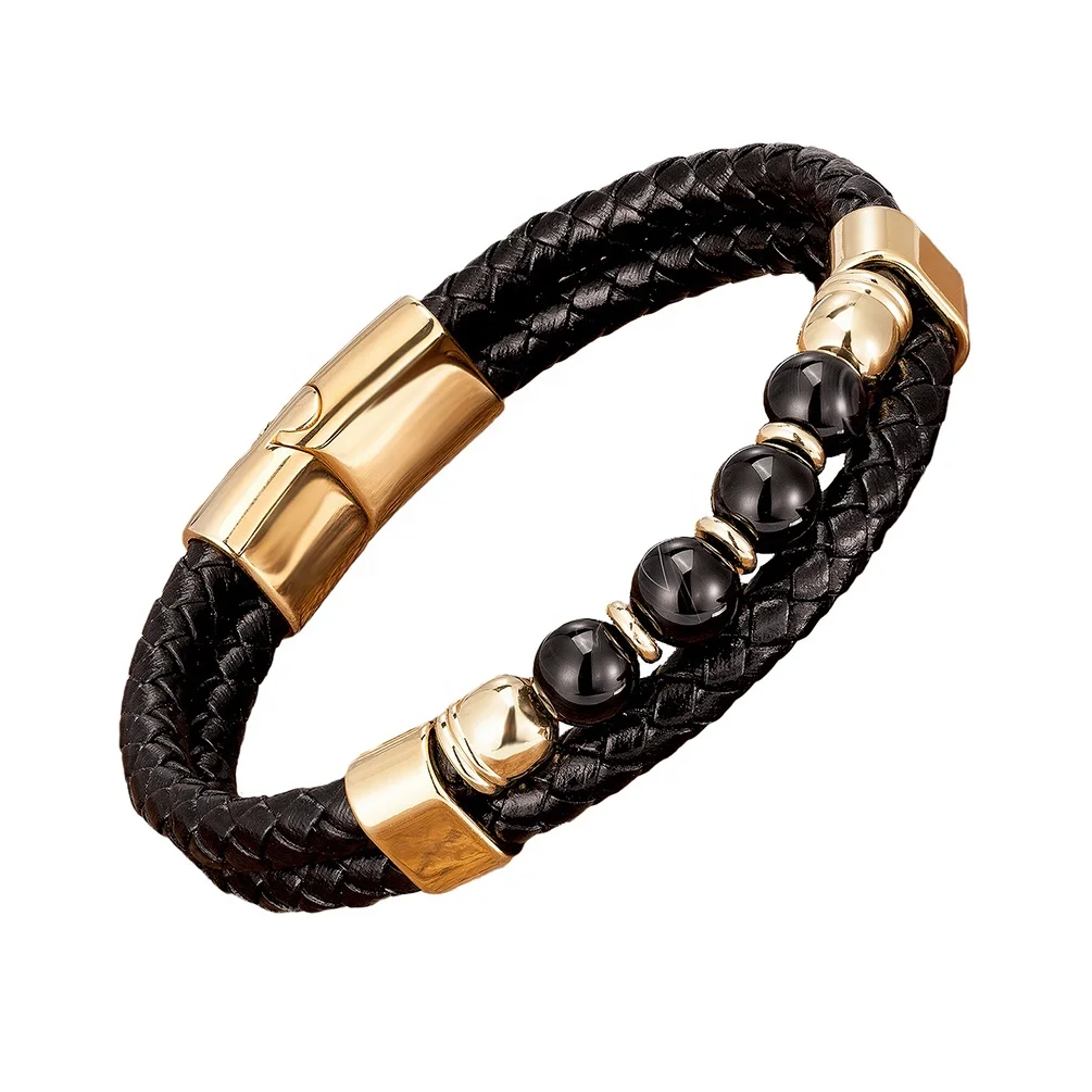 Alin Fashionable Round Ball Beads Gold Bracelet Stainless Steel Leather Bracelets For Men