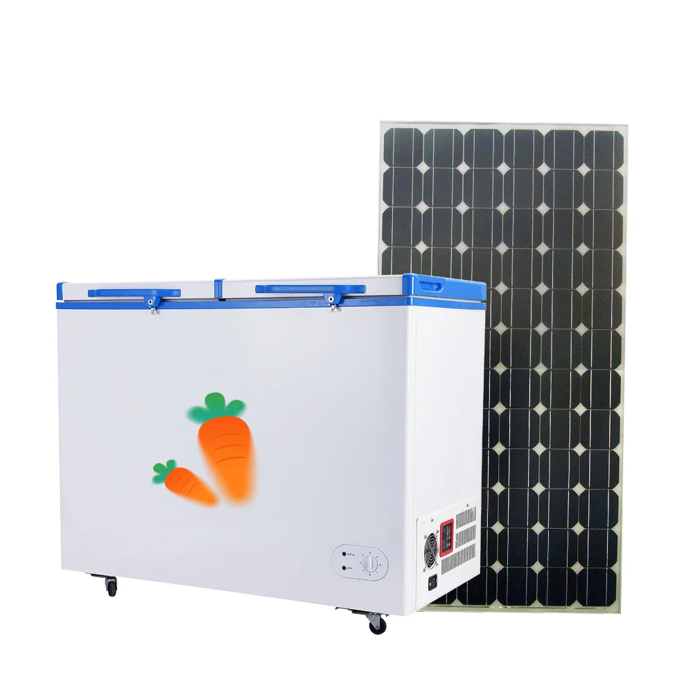 China wholesale solar powered chest freezer off grid system 358L double door  for commercial use energy saving