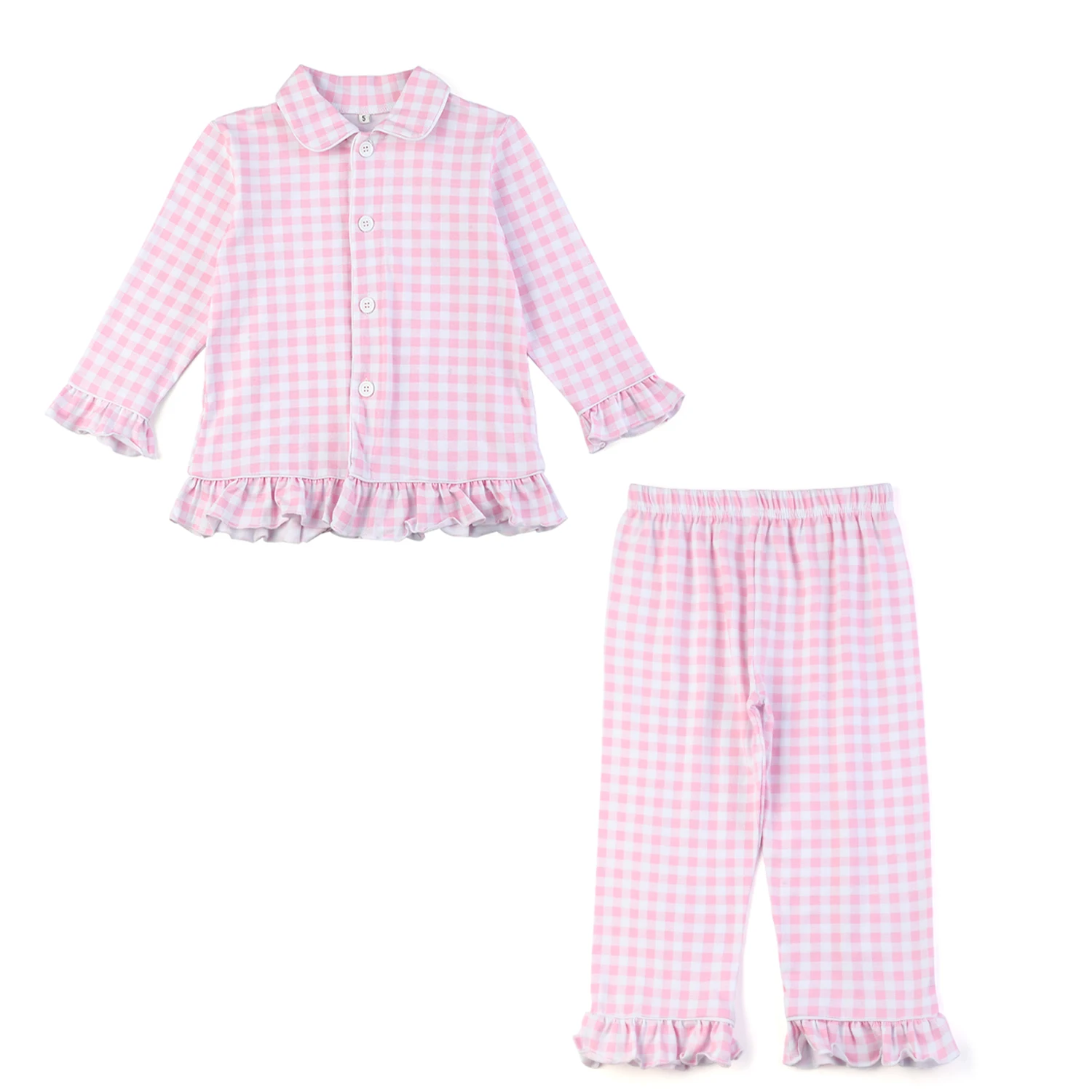 Sweet girls ruffle pjs long sleeve gingham cotton knit spring baby girl pyjamas