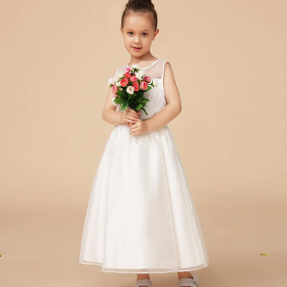 High Quality Lovely Sleeveless White Lace Flower Girl Dress for Weddings