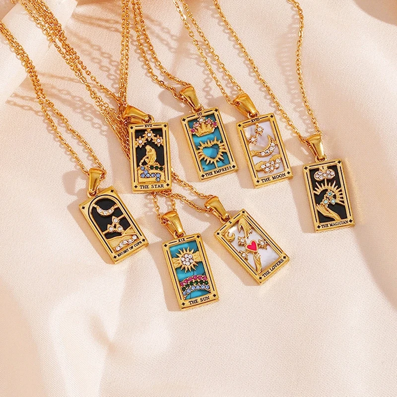 Colorful Square Mystic Divination Tarot Card Necklace Star Moon Sun Design Enamel Micro Zircon Tarot Amulet Pendant Necklaces
