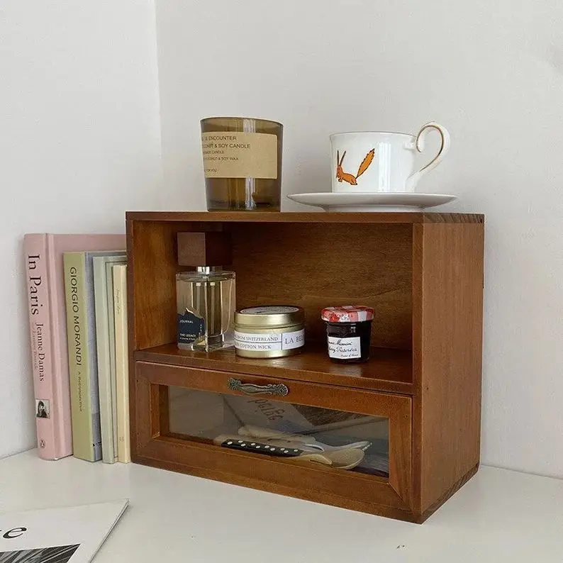 Wooden Vintage 2-tier Desktop Counter Top Shelf Retro Kitchen Standing Cabinet Office Living Room Organizing Shelf with drawer