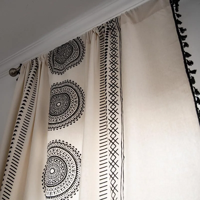 Semi-Blackout Window Curtains Farmhouse Style Cotton Linen Darkening Curtains with Tassel Rod Pocket Window Drapes