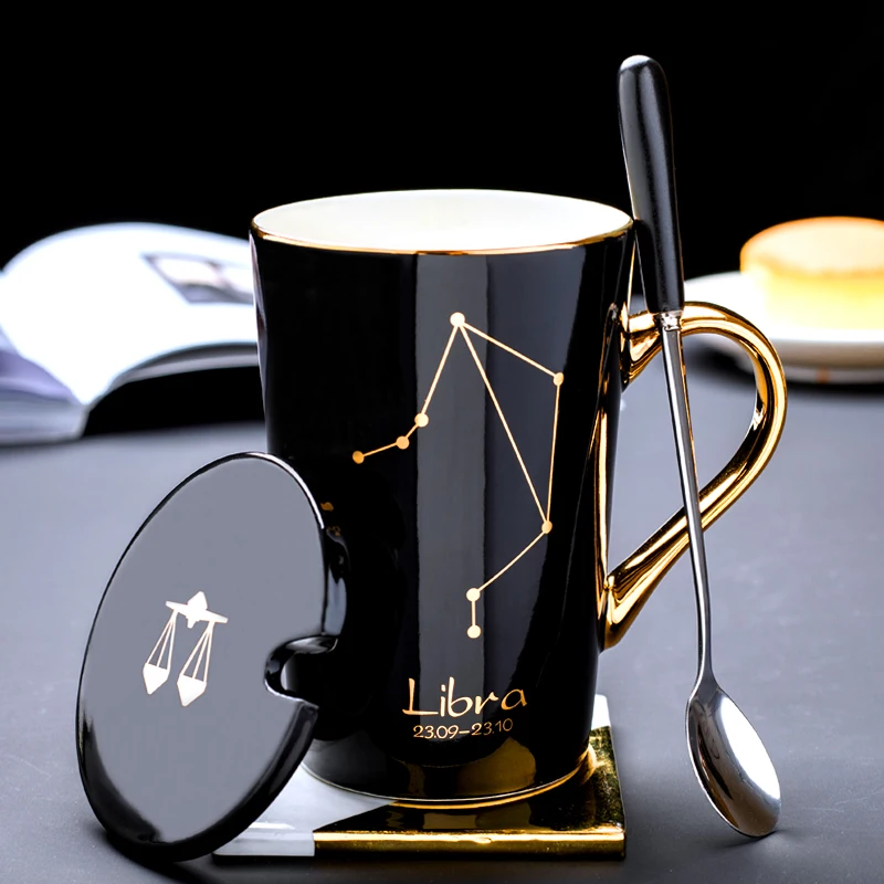 Cheap Price  White Black 12 Constellations Gold Pattern Ceramic Coffee Mug With Lid Spoon And Gold Handle For Souvenir
