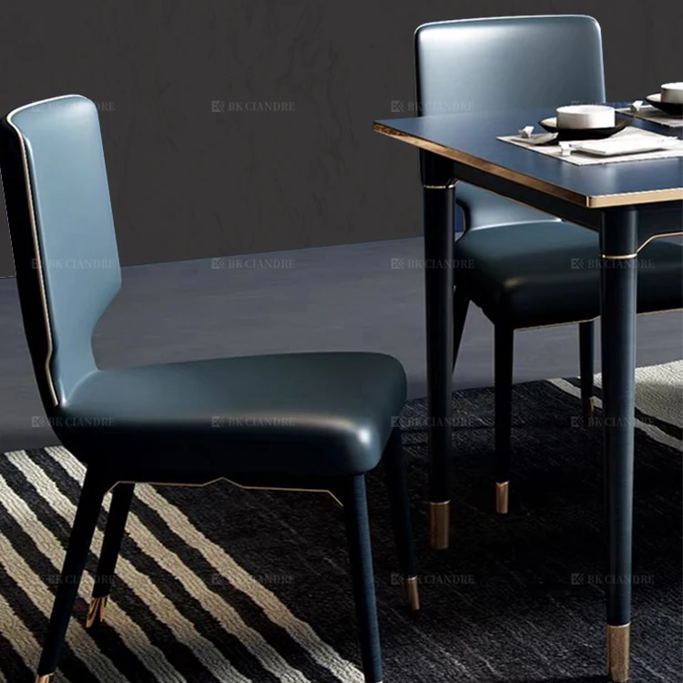 Scandinavian Dark Blue Marble Solid Wood Dining Tables Rectangle Sets and