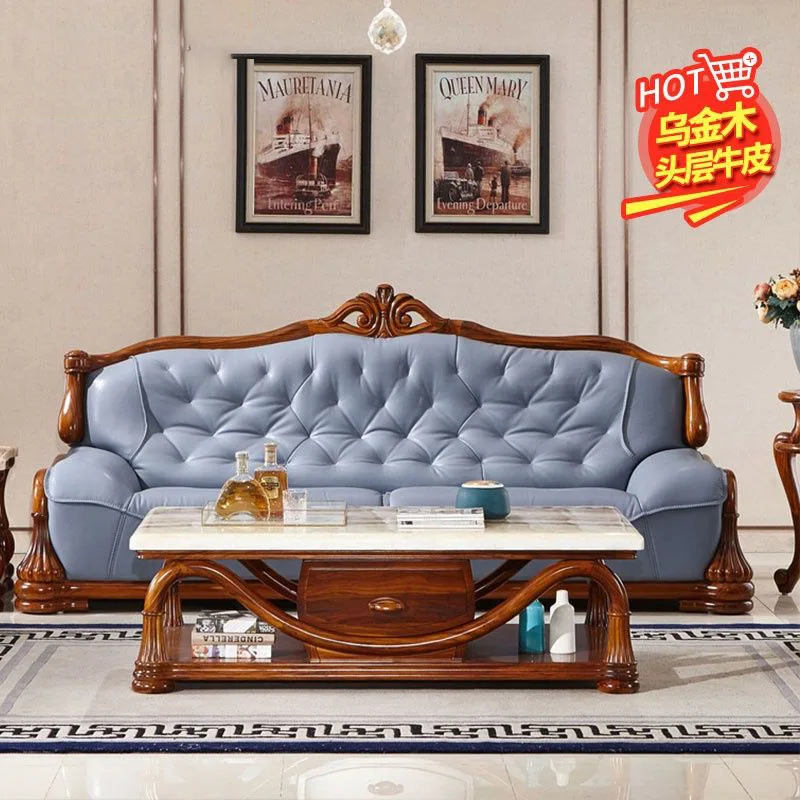 ebony leather sofa European style living room solid wood genuine  sofa chaise longue luxury villa mansion furniture