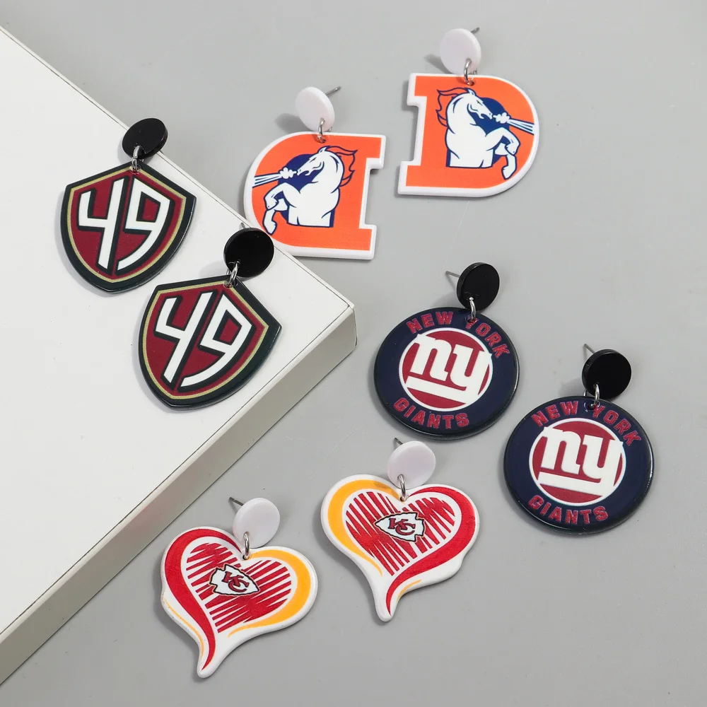 Wholesale Popular EU Rugby Shield Badge Team Fans Geometric Round Star Heart Eagle Hiphop Personality Acrylic Drop Earrings