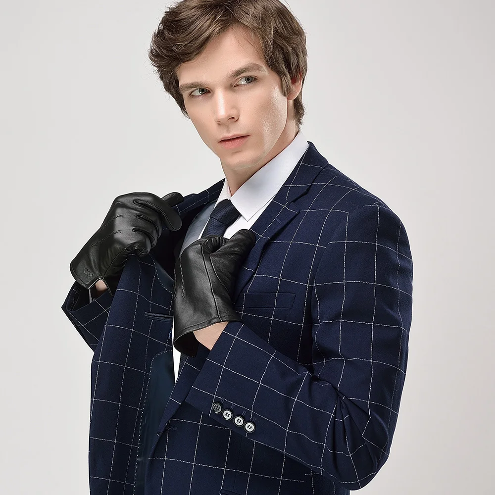 High Quality Custom Winter Full Finger Gloves for Men Genuine Sheep Leather Stylish Black