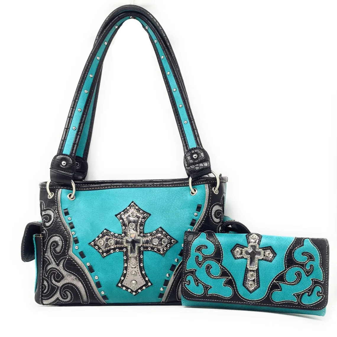 Premium Rhinestone Cross Cut Out Western Embroidered Womens Concealed Carry Handbag With Matching Wallet in 5 Colors Low Price