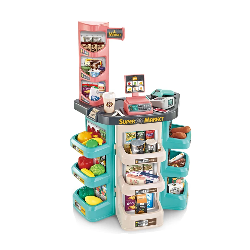 Mini supermarket basket cash register play set design with light sound
