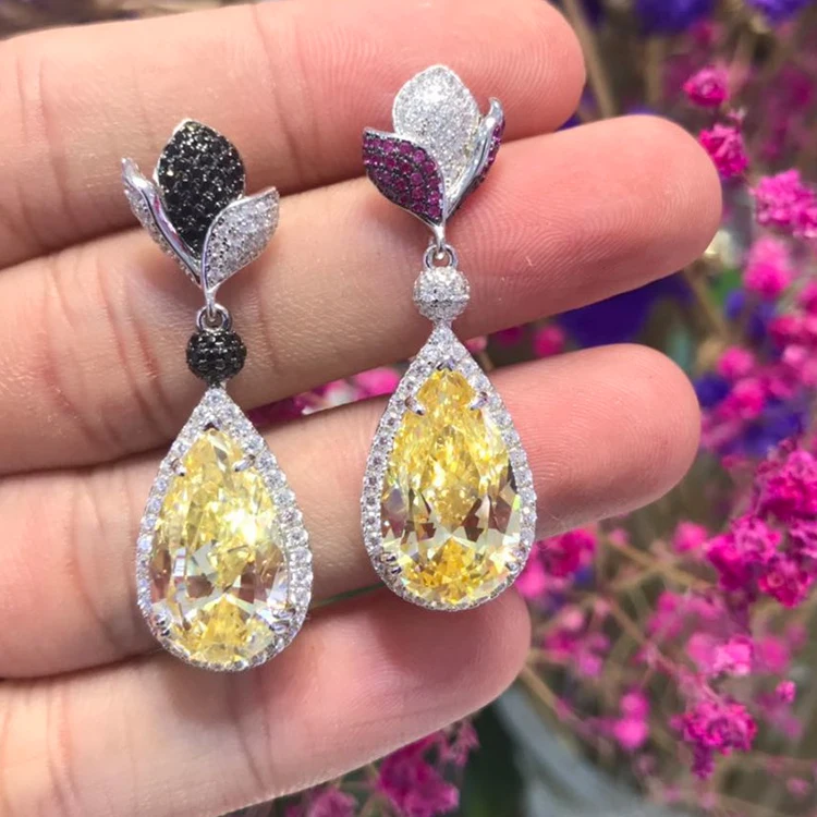 High quality women fine jewelry silver 925 zircon drop earrings yellow cz gemstone earrings