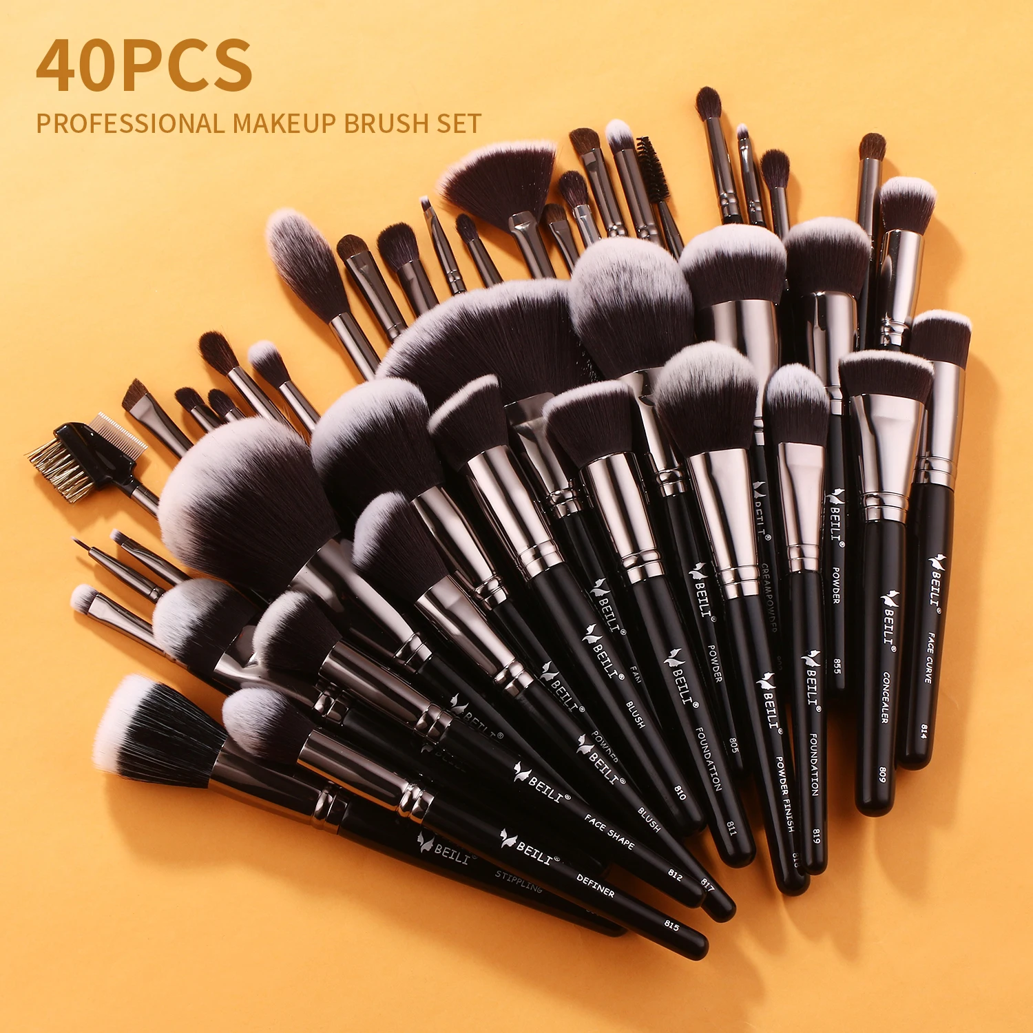 professional 40pcs custom logo make up brushes black wood handle natural hair cosmetic makeup brush set private label