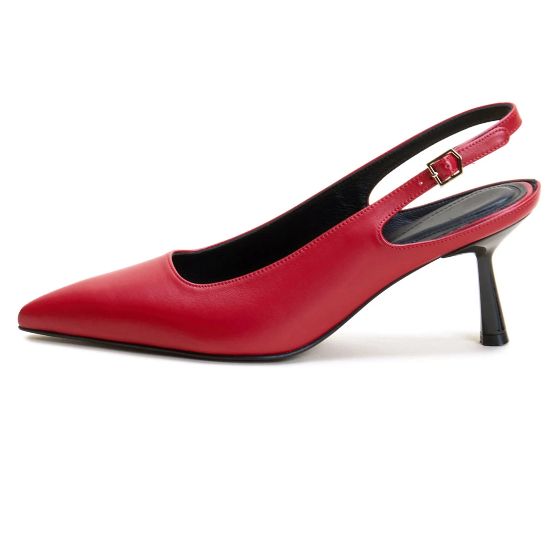 OEM/ODM High Quality Customized Slingback Design Leather Upper Leather Sole Pointed Toe Kitten Heels Woman Sandal Shoes
