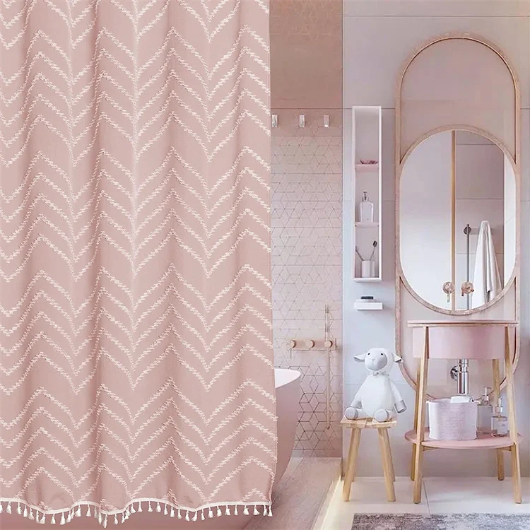 Modern Extra Long Pink Boho Shower Curtain with White Tassel Woven Tufted Chevron Striped Waterproof Shower Curtain for Bathroom