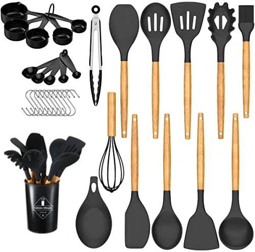 33pcs Nonstick Baking Tool drip pad tong soup spoon ladle pasta patula turner brush Silicone Wood Handle Kitchen Utensils Set