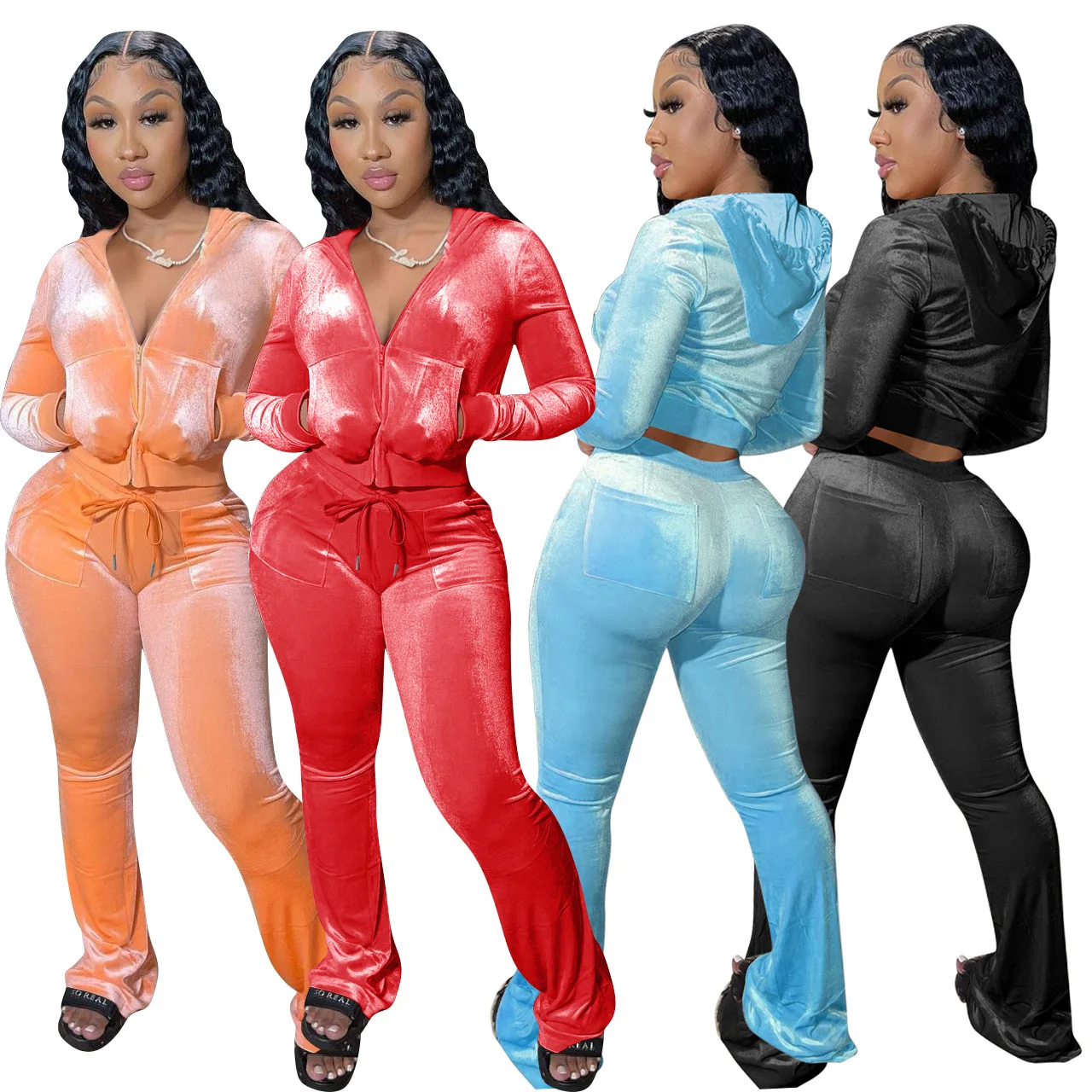 M8527 Custom LOGO velvet cropped hoodie sweatshirt with flares pants sets tracksuit velour two piece set winter women clothes