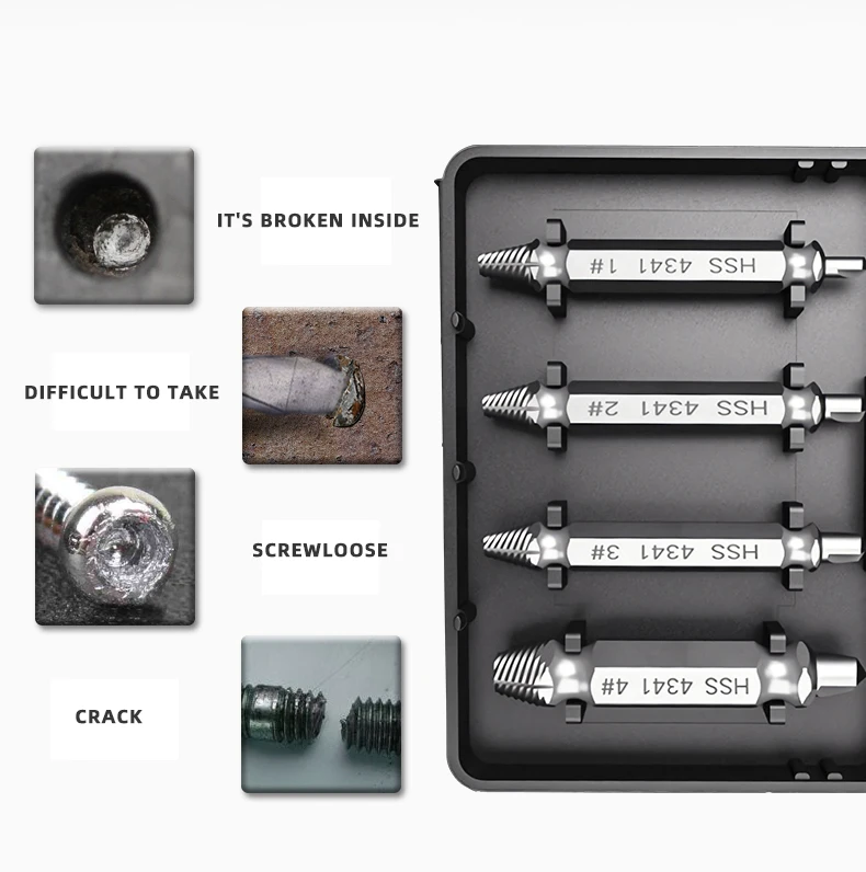 wholesale Double Side Drill Out Damaged Screw Extractor  Kit 4pc #1 #2 #3 #4 With Case