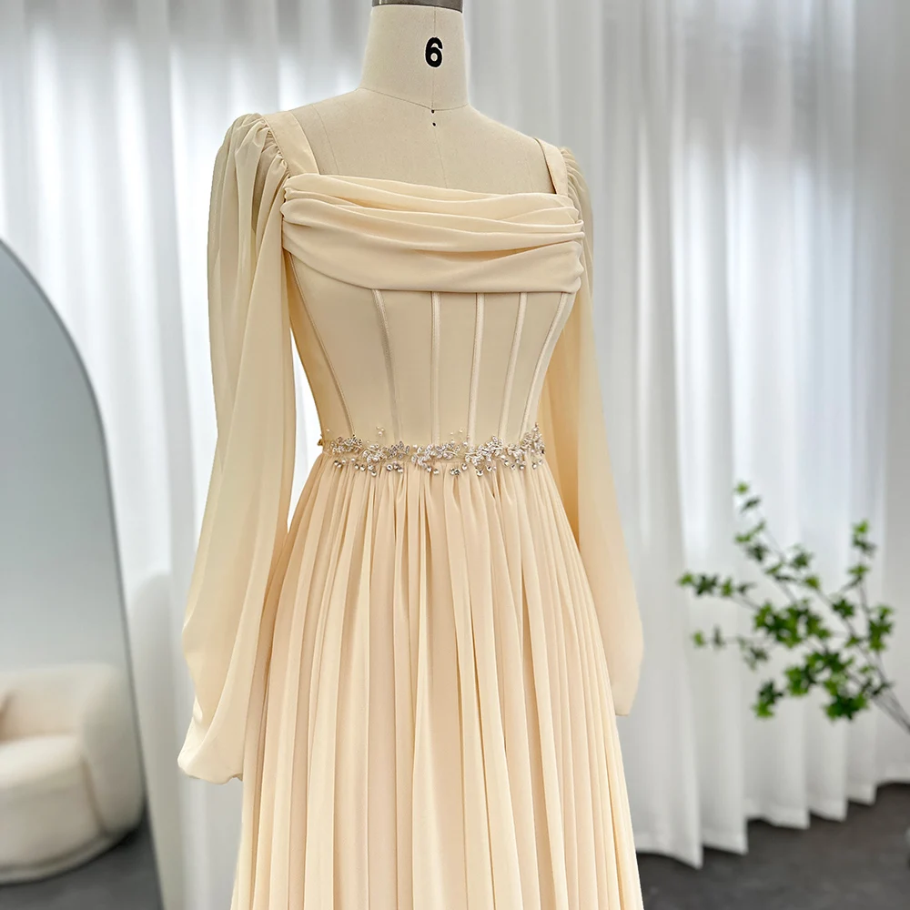 Jancember Dubai Beige Short Midi Arabic Evening Dress With Belt Long Sleeves Tea Length Women Formal Wedding Party Gowns Scz136