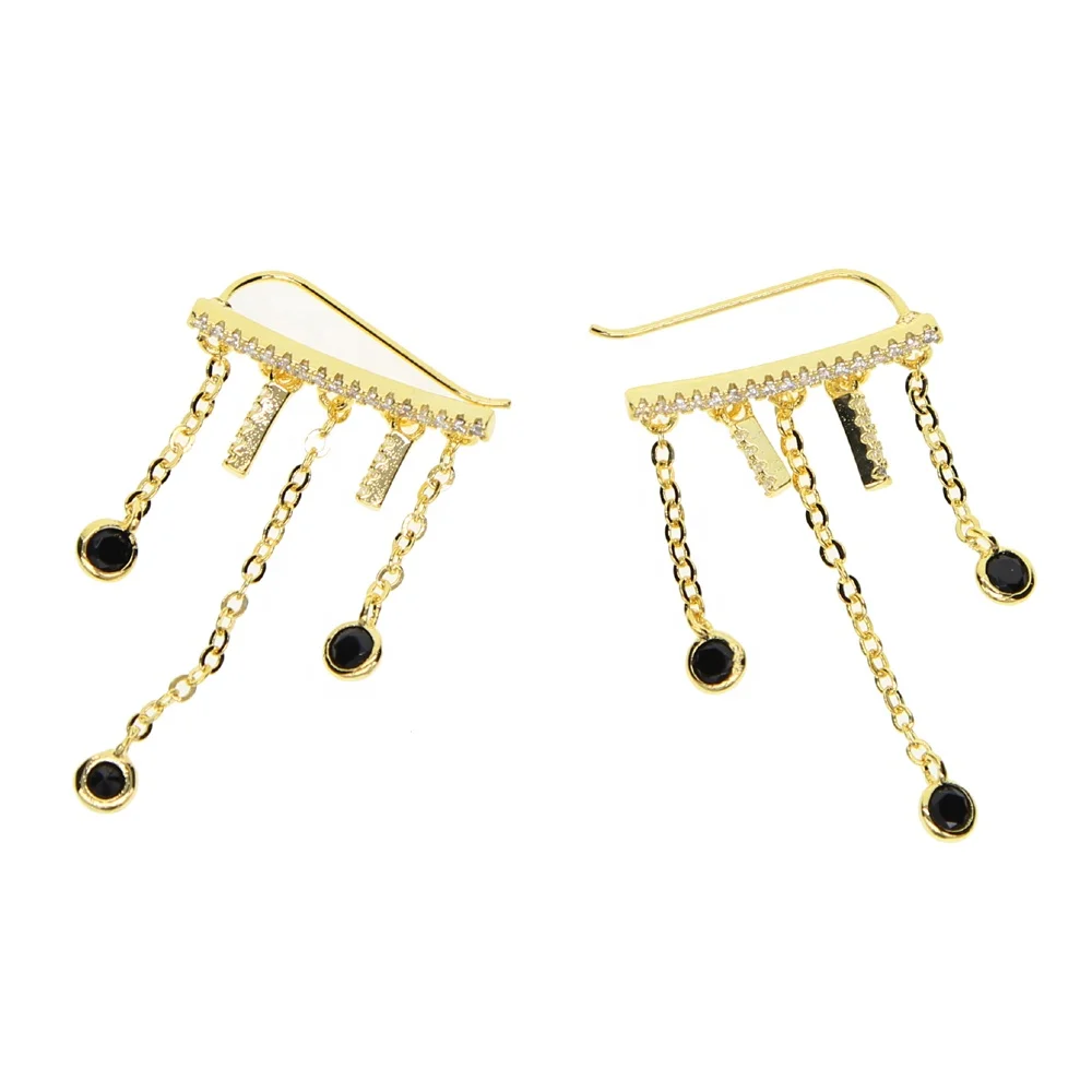 top selling fashion elegant jewelry factory wholesale 18k gold black cz tassel chain fashion earring