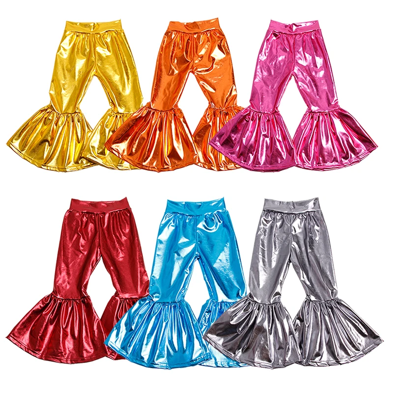 Best selling Kids clothing Cheetah leopard print Metallic leather fabric Hight waist Girls fashion Bell bottoms