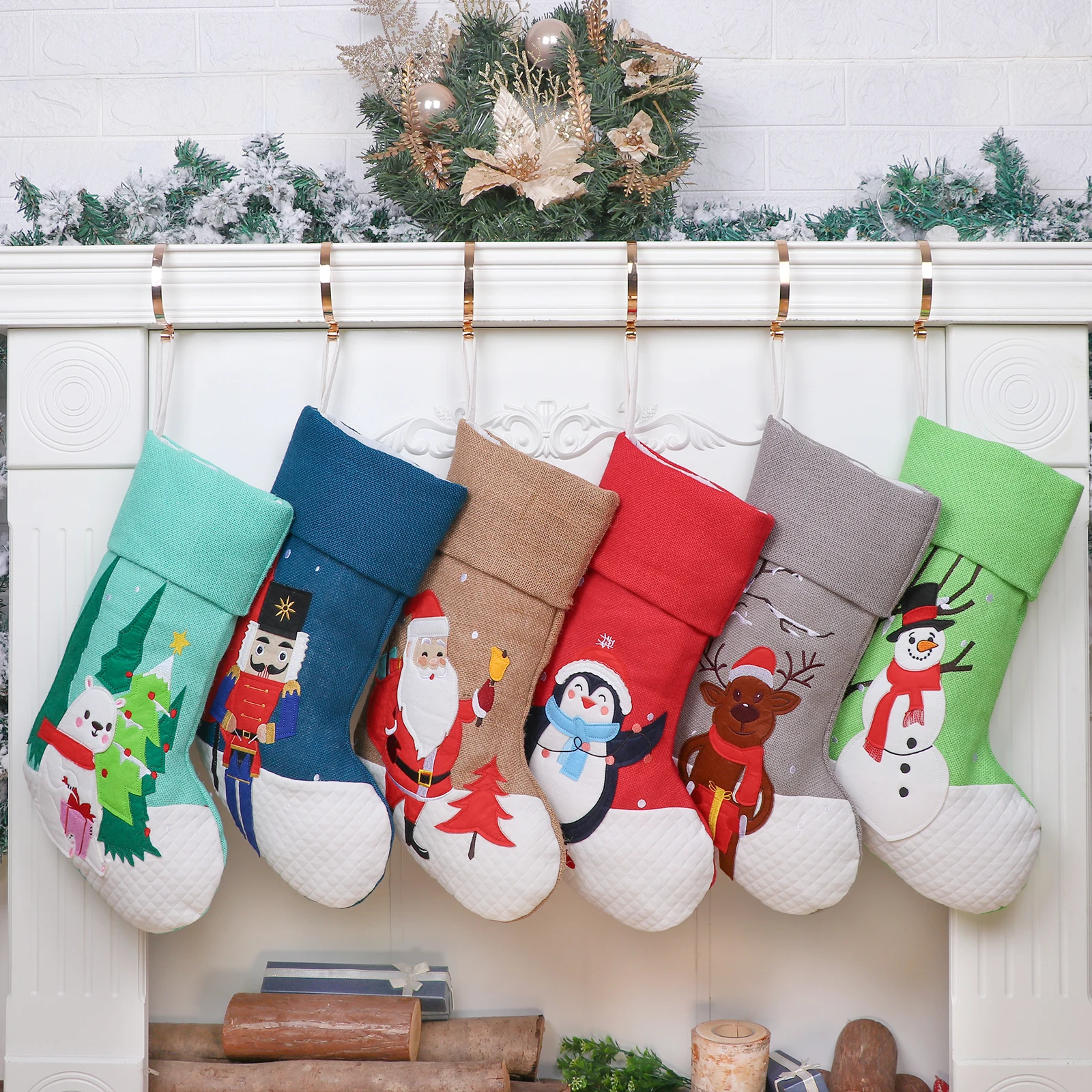 Original Design Christmas Stockings Embroidered Linen Burlap Applique Fireplace Hanging Christmas Ornament