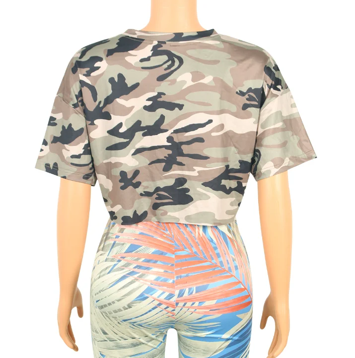 
2021 custom loose simple crop cotton camouflage women short t-shirts 