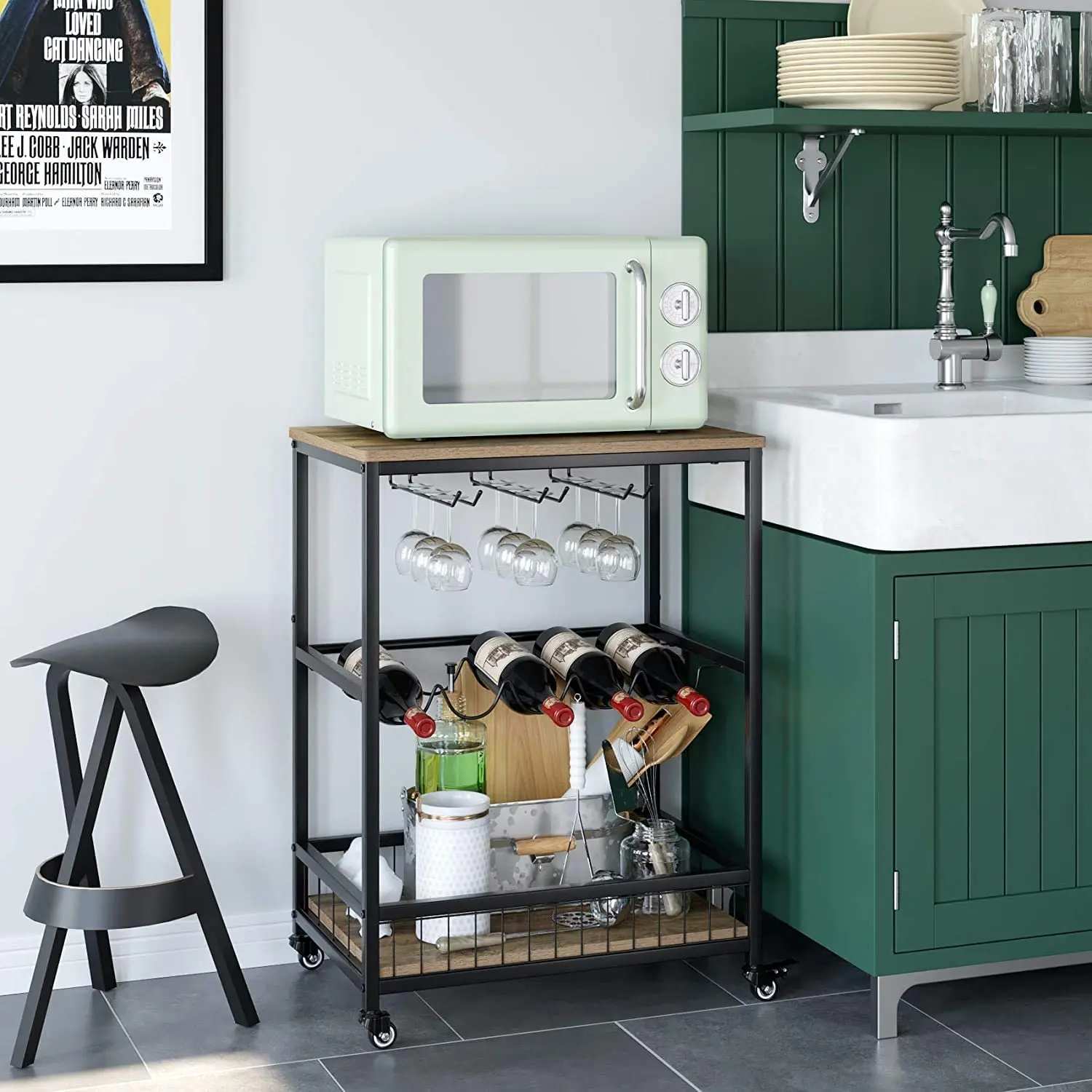 
Wine Bar Cart, Simple Modern Beverage Cart with Wine Rack/Glass Holder, Rolling Serving Cart with Lockable Wheels for Home Kitc 