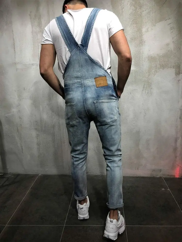 Wholesale Light Blue denim overalls with Patch pocket men jeans jumpsuits